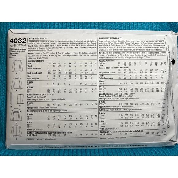 Simplicity 4032 pattern fleece jacket vest size 8 10 12 14 16 - Picture 3 of 5